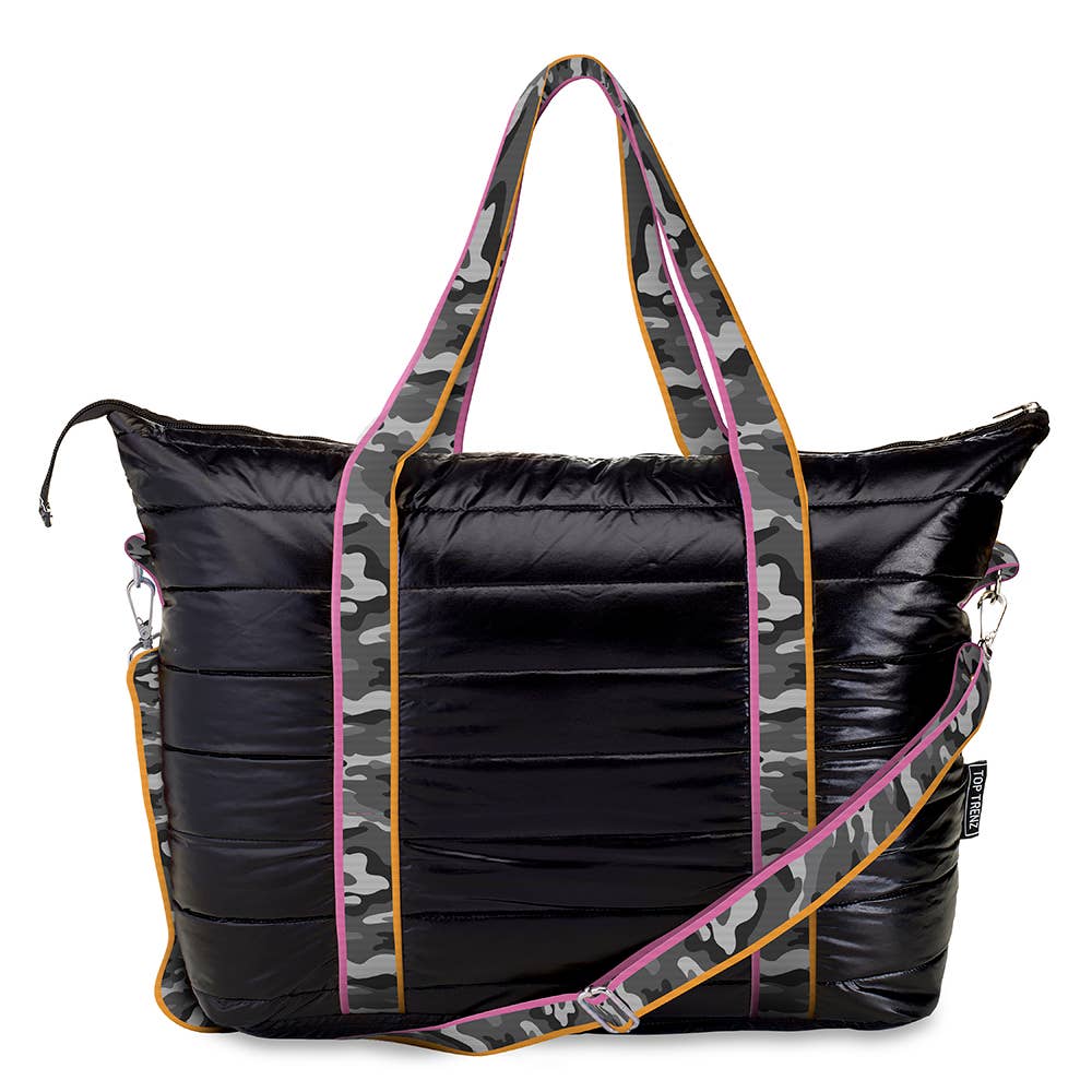 Black Puffer Tote Bag Grey Camo Stripe Straps