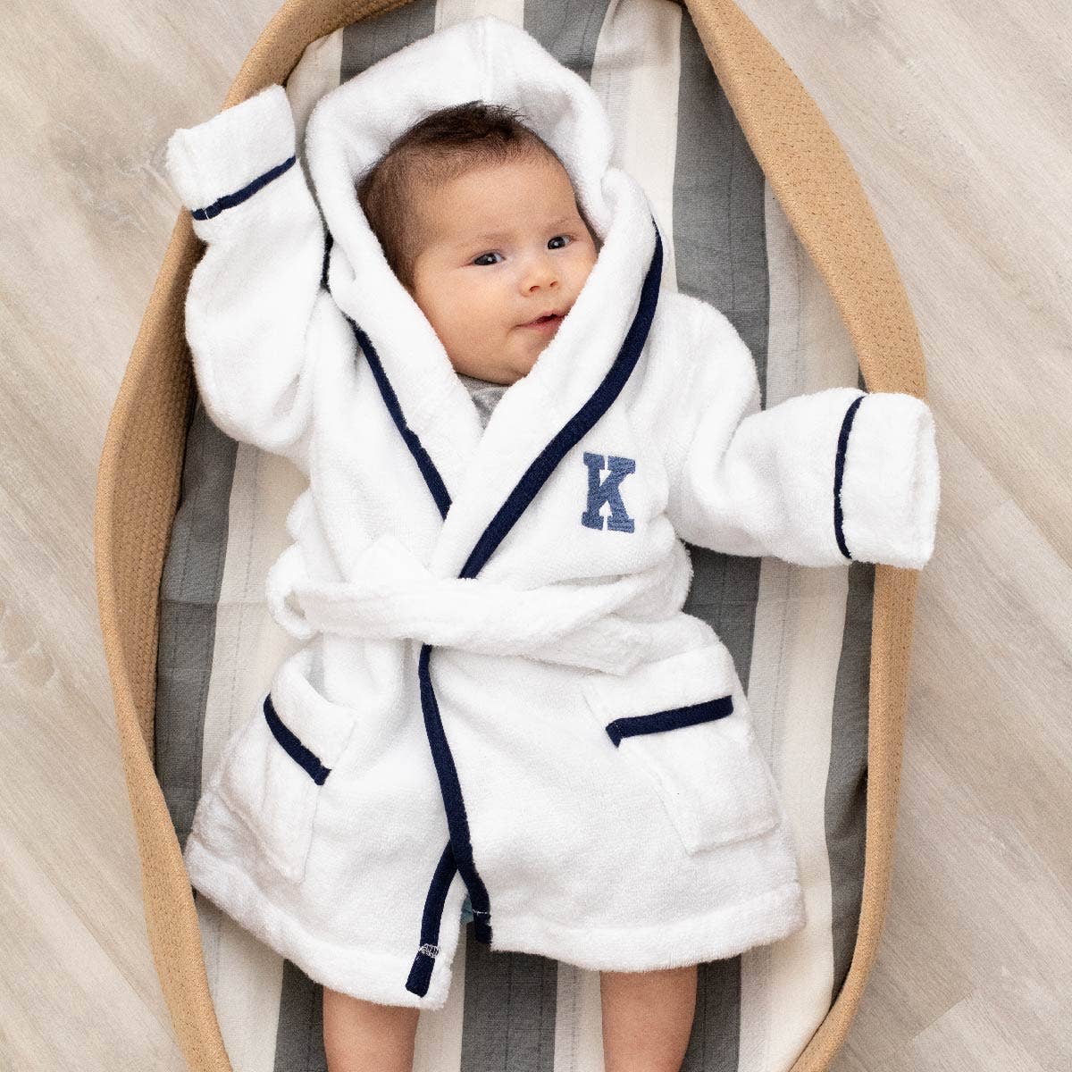 Terry Bathrobe_White + Navy